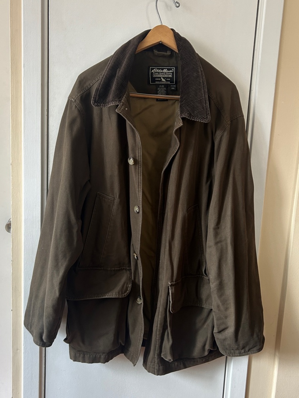 Eddie Bauer Olive Green Field Barn Jacket Coat with Corduroy Collar